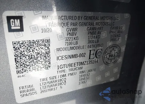 2021 GMC Sierra 1500 4Wd Short Box At4/4Wd Standard Box At4 из США, поврежденный, VIN 1GTU9EET0MZ135164